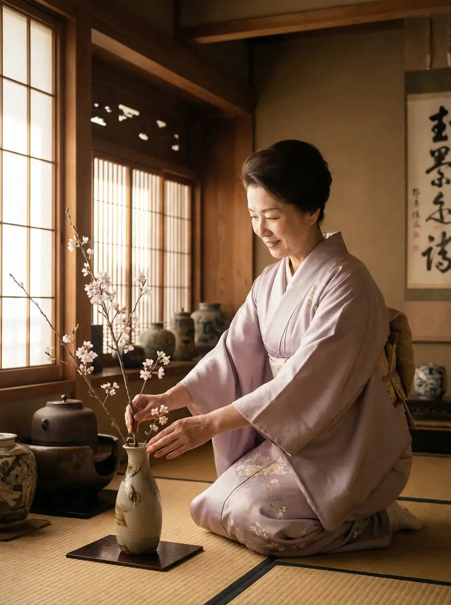 一位优雅的 松下纱荣子 在和室中插花