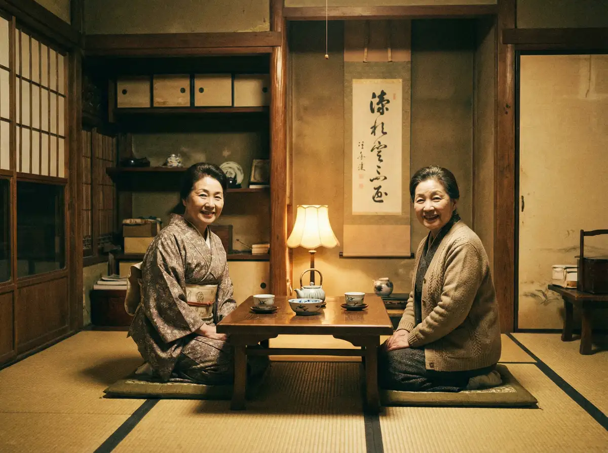 两位优雅的 松下纱荣子 在日式茶室中品茶交谈